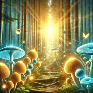 "Psilocybin mushrooms in a mystical forest representing psychedelic experiences"