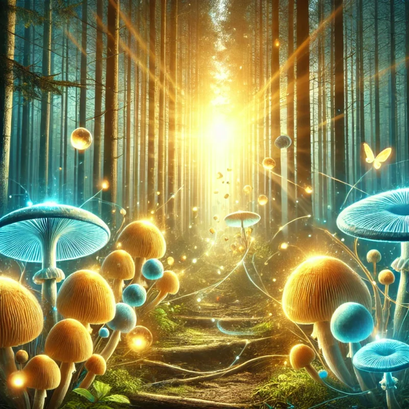 "Psilocybin mushrooms in a mystical forest representing psychedelic experiences"