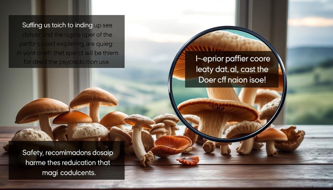 A calm, well-lit indoor setting showcasing various magic mushroom varieties arranged on a wooden table. In the foreground, informative text overlays provide safety guidelines, dosage recommendations, and harm reduction tips. The middle ground features a magnifying glass examining the mushrooms, highlighting their intricate textures and colors. In the background, a serene landscape with rolling hills and a softly lit sky creates a tranquil atmosphere, conveying the sense of a mindful, responsible approach to psychedelic use.