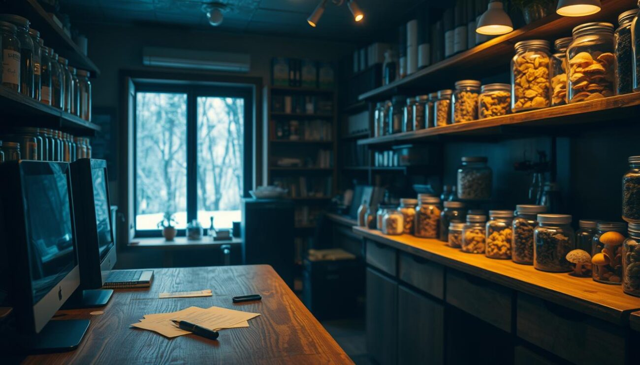 A cozy, dimly lit interior with shelves of jars filled with dried magic mushrooms and other herbal supplements. The foreground features a wooden counter with a desktop computer, a few scattered notes, and a magnifying glass, creating an atmosphere of research and study. Soft, warm lighting casts subtle shadows, evoking a sense of intrigue and exploration. In the middle ground, a window overlooks a snowy, forested landscape, hinting at the natural origins of the mushrooms. The background is filled with bookshelves and scientific equipment, suggesting a space of scientific inquiry and discovery. The overall tone is one of curiosity, knowledge, and the pursuit of natural psychoactive substances.