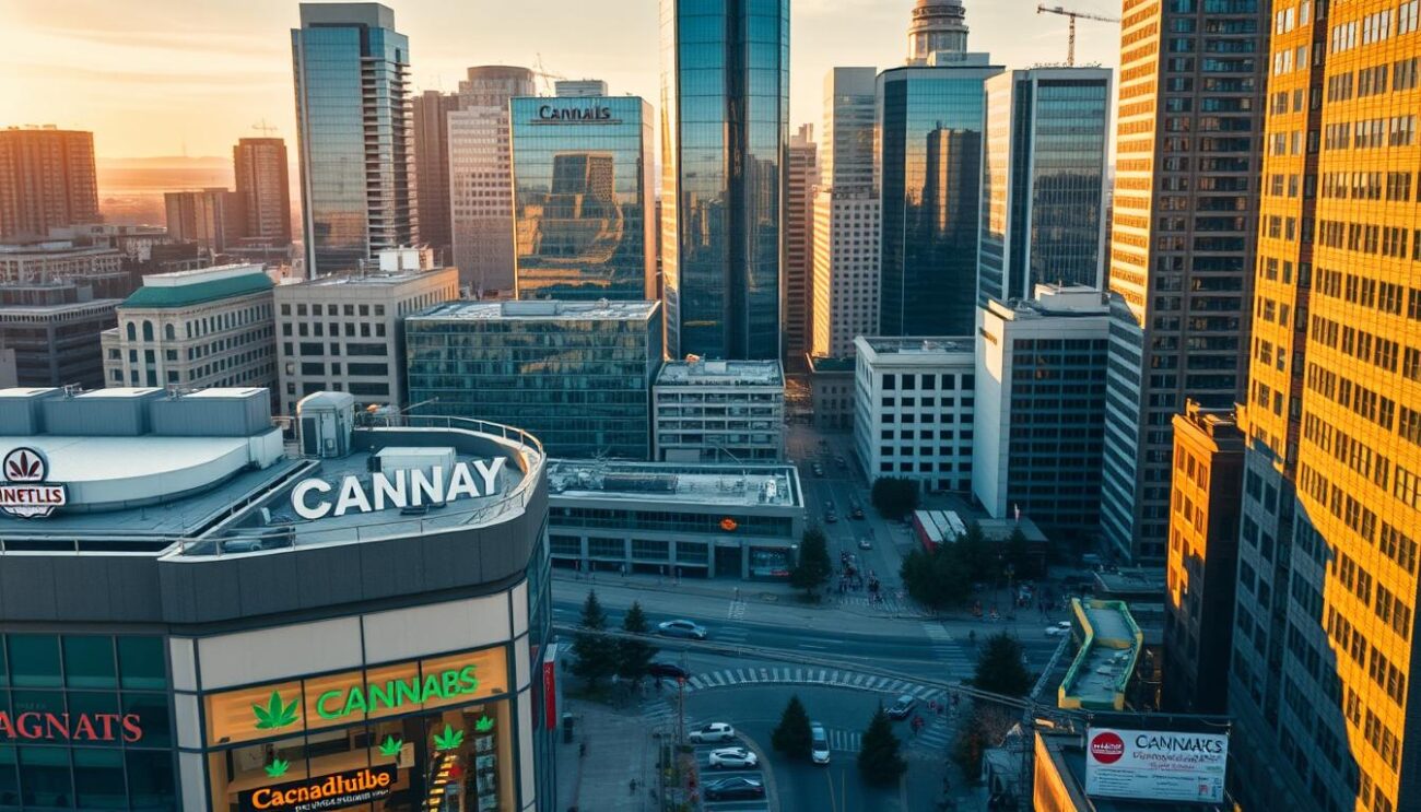 A detailed aerial view of downtown Calgary, showcasing the city's modern skyline with high-rise buildings and glass towers. In the foreground, a prominent cannabis dispensary stands out, its signage and storefront clearly visible. The scene is bathed in warm, golden-hour lighting, casting long shadows across the bustling streets below. The mood is one of urban vibrancy and legal cannabis integration within the cityscape. The image conveys the progressive and regulated status of the cannabis industry in Calgary.