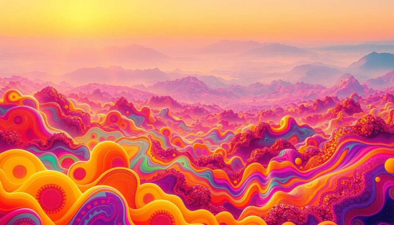 A dreamlike landscape of undulating psychedelic forms and vibrant colors, bathed in a warm, ethereal glow. In the foreground, vibrant organic shapes, pulsing with kaleidoscopic patterns, seem to come alive. The middle ground is filled with swirling, fluid abstractions in a riot of saturated hues, creating a sense of movement and energy. In the background, the horizon melts into a hazy, atmospheric expanse, with soft, diffused lighting that lends an otherworldly, transcendent quality to the scene. The overall composition evokes a profound sense of wonder and the mystical aspects of the natural world.