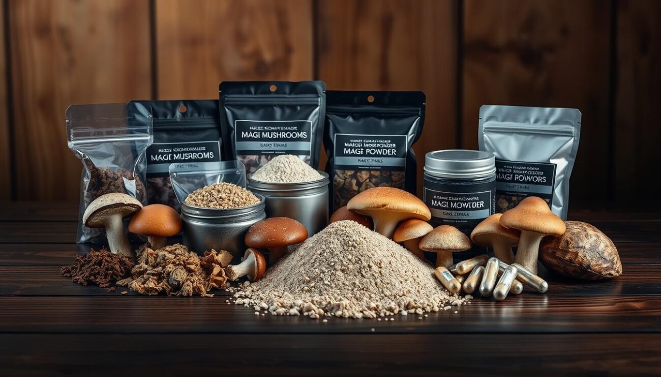 A high-quality, artistically-rendered image of various magic mushroom products displayed on a dark, wooden table. The products are neatly arranged, showcasing different strains and forms, such as dried mushrooms, mushroom powder, and mushroom capsules. The lighting is soft and warm, casting gentle shadows that accentuate the natural textures and colors of the mushrooms. The background is slightly blurred, creating a sense of depth and focus on the central display. The overall atmosphere is one of quality, care, and professionalism, reflecting the expertise and attention to detail of the buyshrooms.net brand.