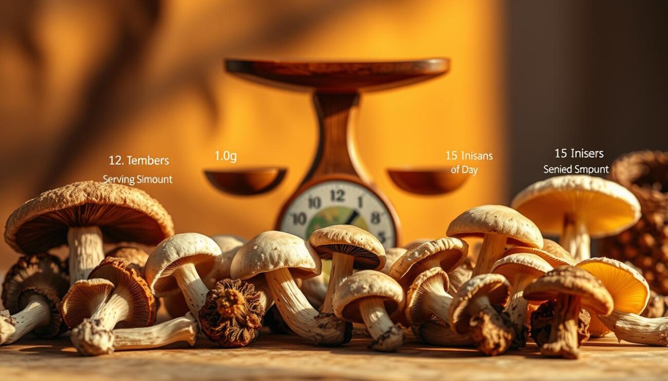 A meticulously crafted dosage guide for magic mushrooms, illuminated by warm, natural lighting. In the foreground, an array of dried mushroom specimens, each with a clear visual indicator of the recommended serving size. The middle ground showcases an elegant wooden scale, precisely measuring the ideal amounts. In the background, a serene, earthy-toned setting evokes a sense of calm and mindfulness, complementing the informative and responsible nature of the guide.