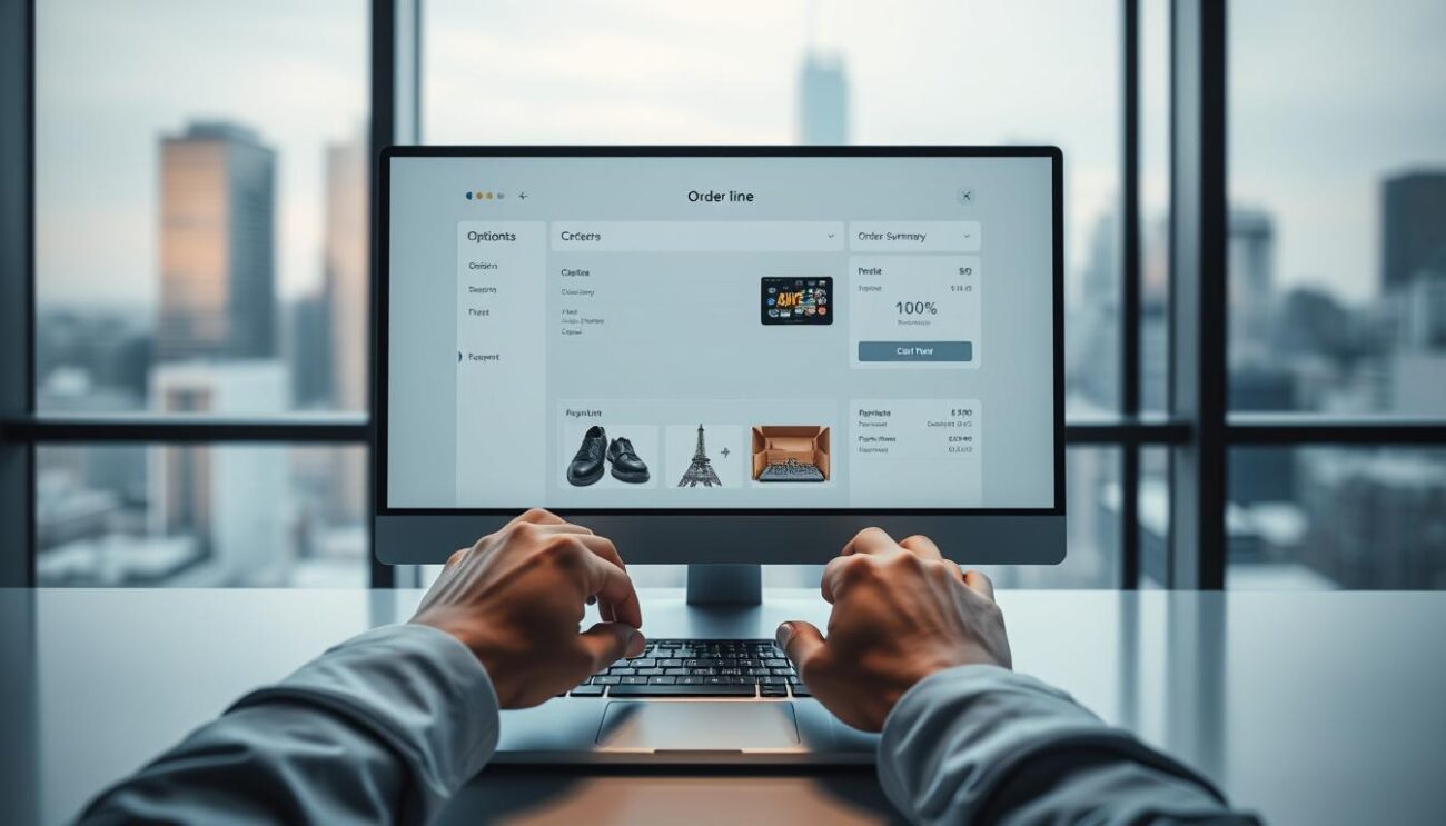 A modern, sleek online ordering process with a clean, intuitive user interface. Set in a minimalist digital environment, with a central desktop monitor displaying the step-by-step flow. In the foreground, hands interact with a laptop trackpad, navigating through order options. The middle ground features product images, order summary, and payment methods. The background showcases a softly blurred city skyline through large windows, conveying a sense of efficiency and professionalism. Soft, directional lighting illuminates the scene, creating depth and emphasizing the digital interface. The overall atmosphere is one of seamless, hassle-free online ordering.
