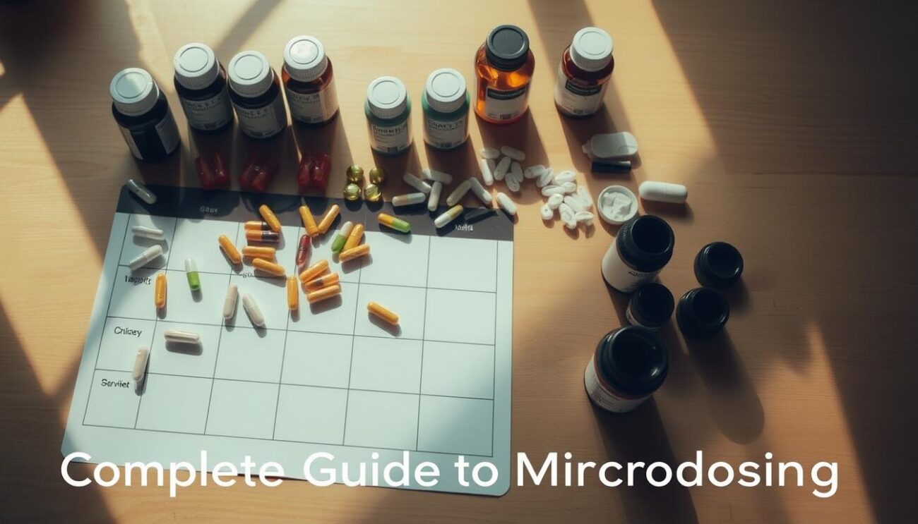A neatly organized schedule with various capsules, pills, and bottles laid out on a clean, wooden surface. The scene is bathed in warm, natural lighting, casting soft shadows that add depth and dimension. The arrangement conveys a sense of routine and precision, with each item meticulously placed. The overall mood is one of calm and focus, reflecting the purpose of this microdosing schedule. The image captures the essence of the "Complete Guide to Microdosing" section, providing a visually appealing and informative representation of the subject matter.