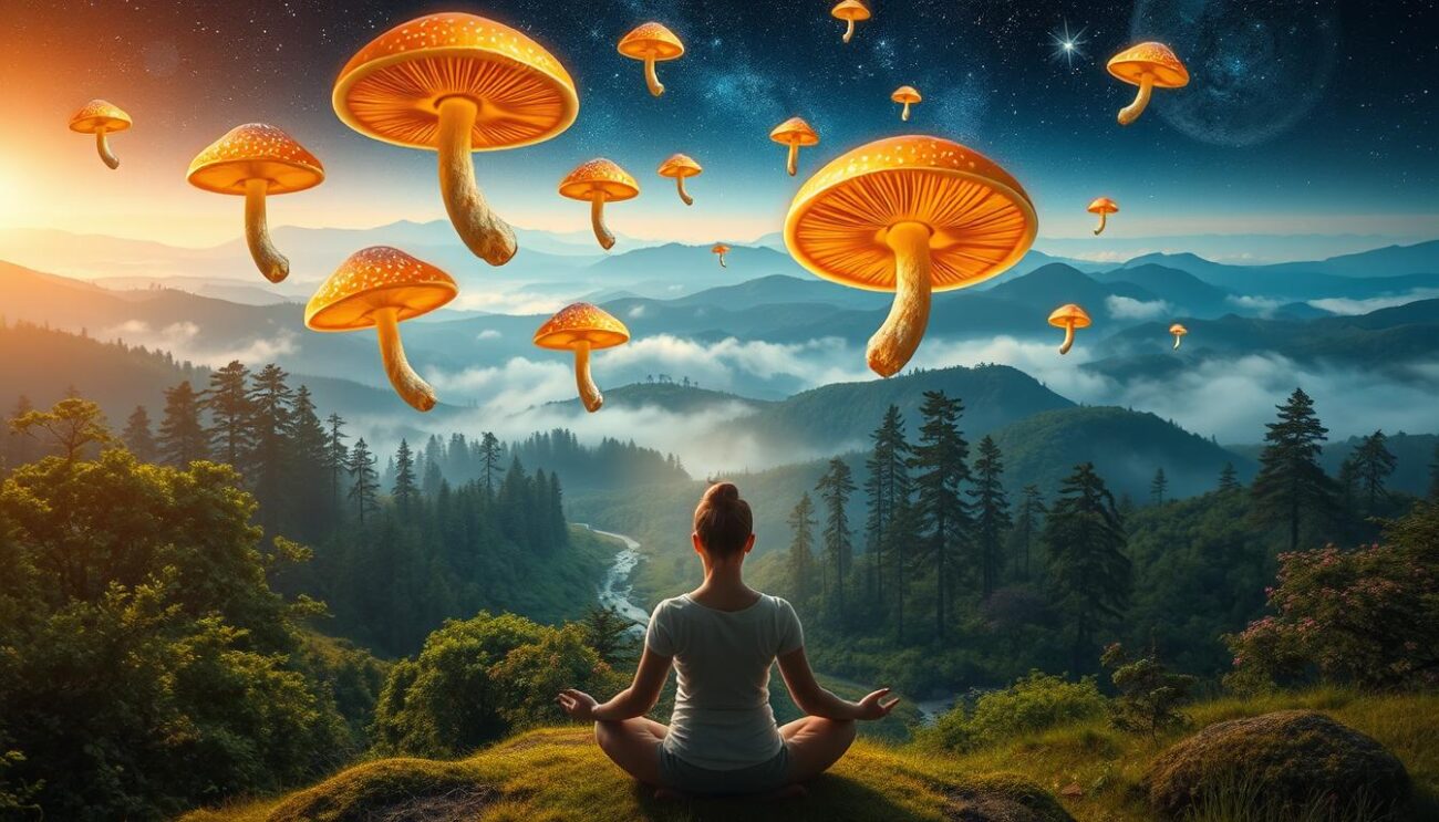 A serene and tranquil scene depicting the therapeutic benefits of psilocybin mushrooms. In the foreground, a person in a meditative pose, eyes closed, surrounded by an aura of soft, warm light. Floating above are vibrant, intricately detailed psilocybin mushrooms, glowing with an ethereal bioluminescence. In the middle ground, a lush, verdant forest with towering trees and a gently flowing stream. The background is a breathtaking, mystical landscape with rolling hills, swirling mists, and a starry night sky. The overall atmosphere is one of profound calm, introspection, and spiritual connection.