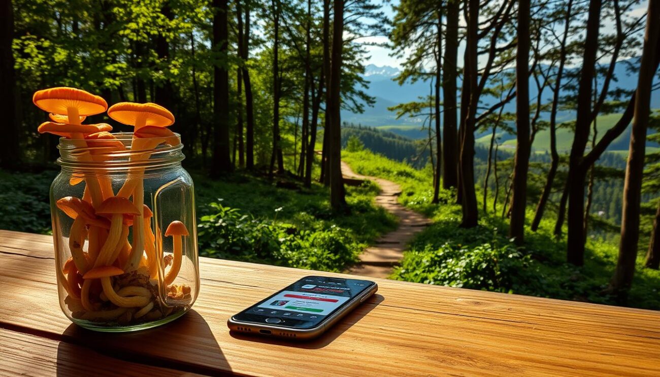 A serene forest clearing, sunlight filtering through the lush canopy above. In the foreground, a wooden table holds a glass jar filled with delicate, amber-capped psilocybin mushrooms, their stems gently curving. Next to the jar, a smartphone rests, its screen displaying an online shop offering safe, discreet delivery of these natural wonders. The middle ground features a winding trail leading deeper into the verdant wilderness, hinting at the mystical experiences that await the adventurous seeker. The background is a dreamlike landscape of rolling hills and distant, snow-capped peaks, evoking a sense of wonder and tranquility. The overall mood is one of reverence and connection with the natural world.