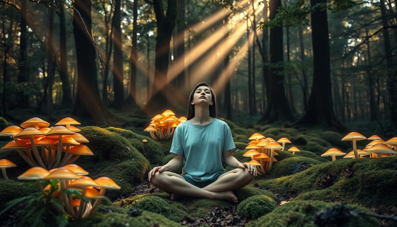 A tranquil forest scene, where clusters of vibrant mushrooms emerge from the mossy ground, their caps glowing with an ethereal luminescence. Shafts of soft, warm light filter through the canopy, casting a serene and contemplative atmosphere. In the foreground, a person sits cross-legged, eyes closed, their expression one of deep introspection and inner peace, reflecting the therapeutic benefits of the psilocybin-containing mushrooms. The image conveys a sense of harmony between the natural world and the human mind, suggesting the profound mental and emotional healing that can be found in these ancient plant allies.