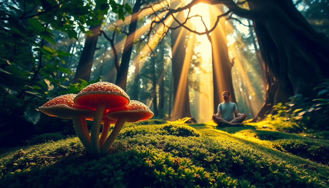 A tranquil forest scene with lush, verdant foliage. In the foreground, a cluster of vibrant, psychedelic mushrooms emerges from the mossy ground, their caps glistening with dew. Shafts of warm, golden sunlight filter through the canopy, casting a serene, meditative glow. In the middle ground, a person sits cross-legged in a state of deep contemplation, their eyes closed as they experience the therapeutic effects of the mushrooms. The background is filled with towering, ancient trees, their branches reaching skyward, conveying a sense of connection to the natural world. The overall tone is one of introspection, healing, and the restorative power of nature.