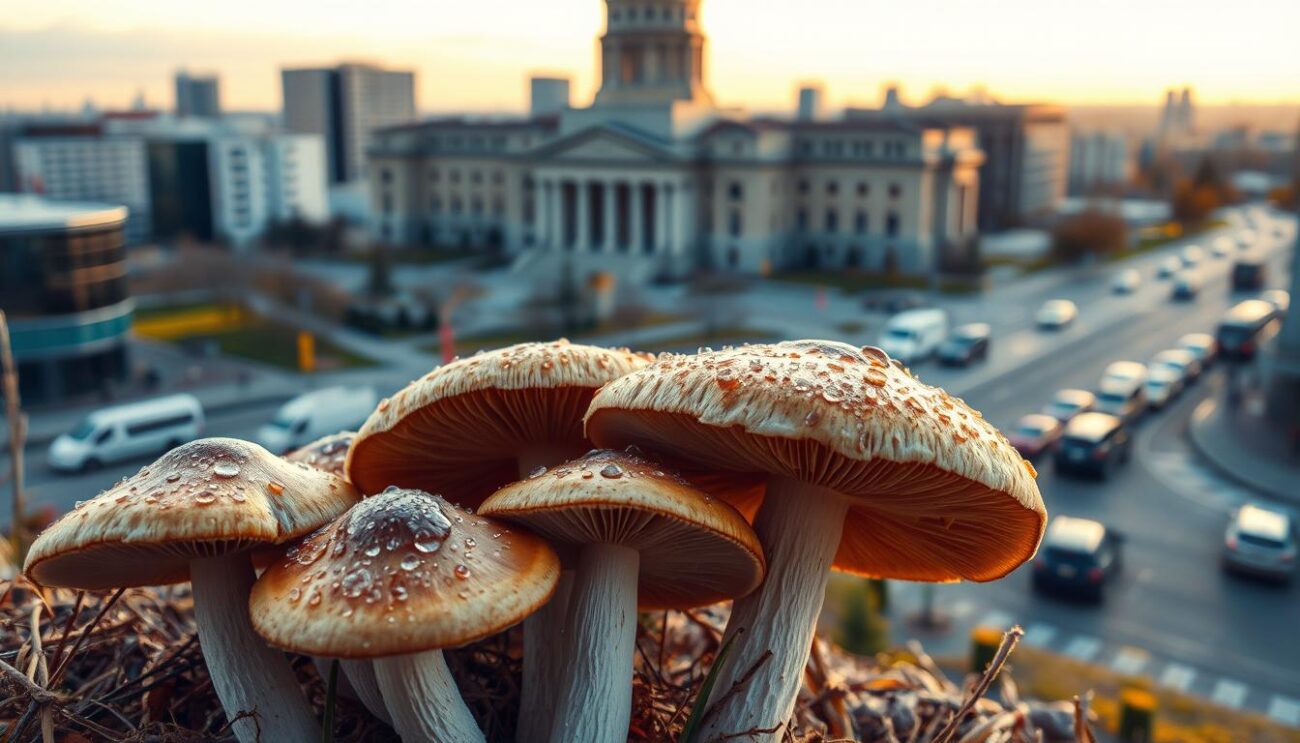 A vibrant, hyper-realistic image showcasing the legal status of magic mushrooms in Edmonton, Canada. In the foreground, a close-up view of several freshly harvested psilocybin-containing mushrooms, their caps glistening with morning dew. The middle ground depicts a bustling urban landscape, with modern high-rises and traffic-filled streets. In the background, the Alberta legislature building stands tall, its neo-classical architecture bathed in warm, golden sunlight, symbolizing the complex legal framework surrounding these natural psychedelics. The overall tone is one of contemplation and subtle tension, inviting the viewer to explore the nuances of this topic.