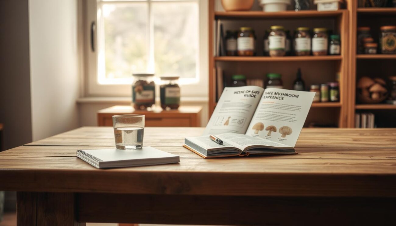 A well-lit indoor setting with a wooden table. On the table, there are several items neatly arranged - a small glass of water, a notebook, and a guide on safe mushroom consumption. In the background, a bookshelf with jars of dried mushrooms and other natural remedies. Soft, natural lighting from a window, creating a serene and informative atmosphere. The overall scene conveys a sense of responsible and mindful preparation for a psychedelic experience.