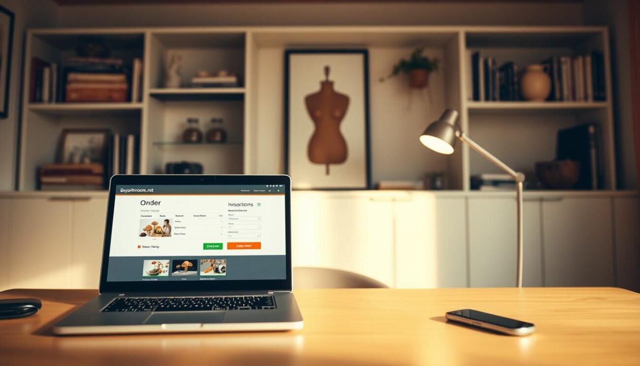 An interior scene of a modern, well-lit home office, with a desk in the center. On the desk, there is a laptop displaying the Buyshrooms.net website's order page, showcasing product options and an intuitive checkout process. The background features shelves stocked with books and decorative items, creating a professional and organized atmosphere. Warm, indirect lighting illuminates the scene, casting soft shadows. The composition emphasizes the laptop screen, guiding the viewer's attention to the online ordering experience. The overall mood is one of efficiency, comfort, and a sense of discretion, reflecting the private nature of the subject matter.