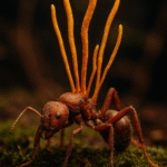 Ant infected by Cordyceps fungus with vibrant spores emerging from its body on a mossy forest floor.