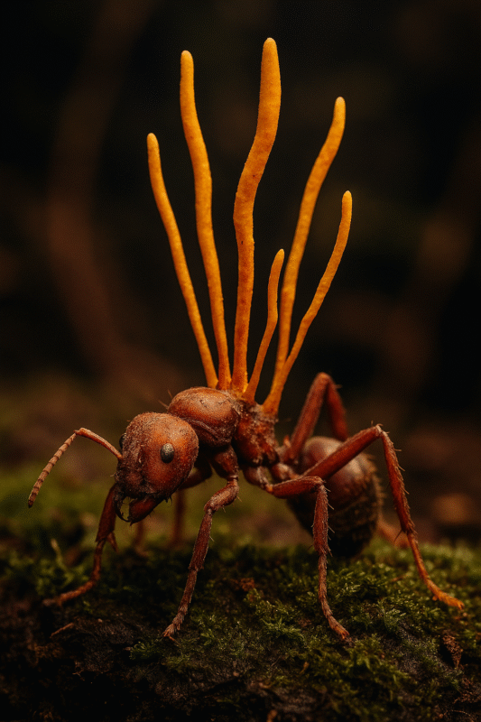 Ant infected by Cordyceps fungus with vibrant spores emerging from its body on a mossy forest floor.