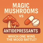 Illustration comparing magic mushrooms to antidepressant pills with the text "Magic Mushrooms vs Antidepressants – Which One Wins the Mood Battle?"