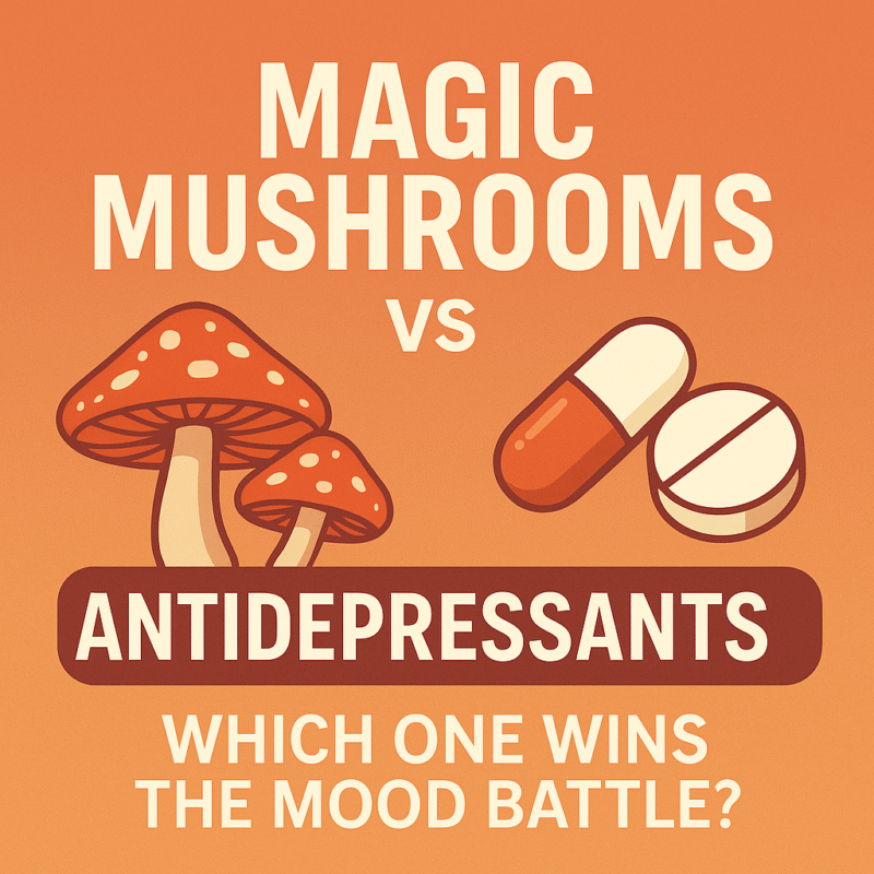 Illustration comparing magic mushrooms to antidepressant pills with the text "Magic Mushrooms vs Antidepressants – Which One Wins the Mood Battle?"
