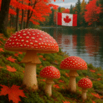 Canadian forest lake with fly agaric mushrooms and autumn maple leaves