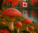 Canadian forest lake with fly agaric mushrooms and autumn maple leaves