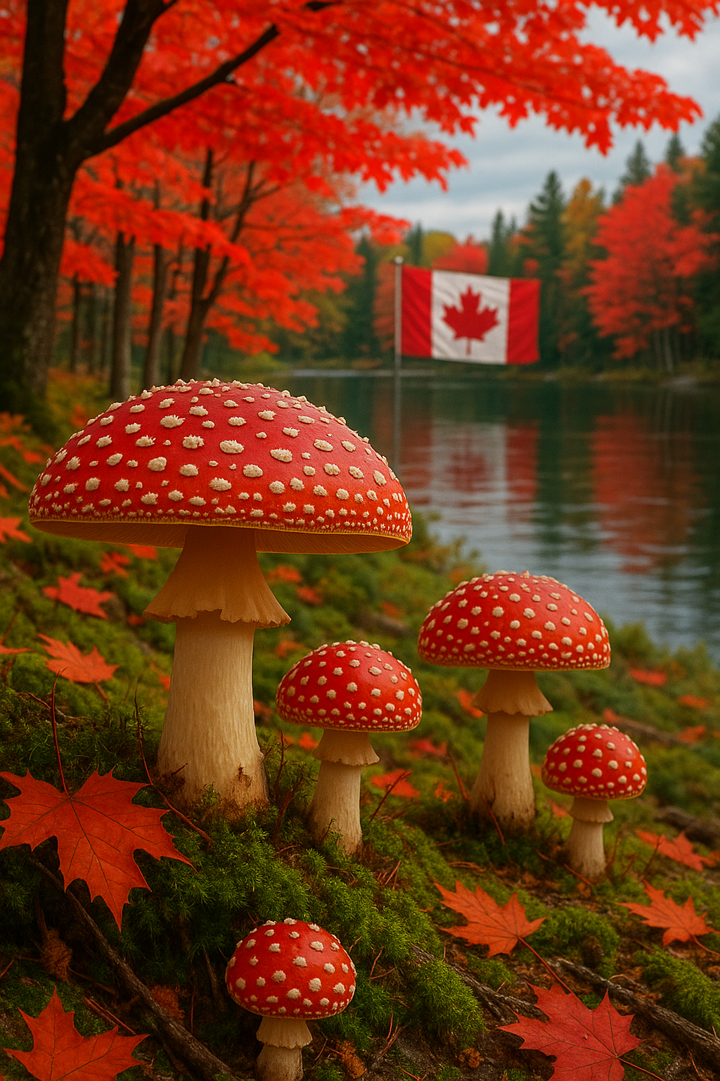 Canadian forest lake with fly agaric mushrooms and autumn maple leaves