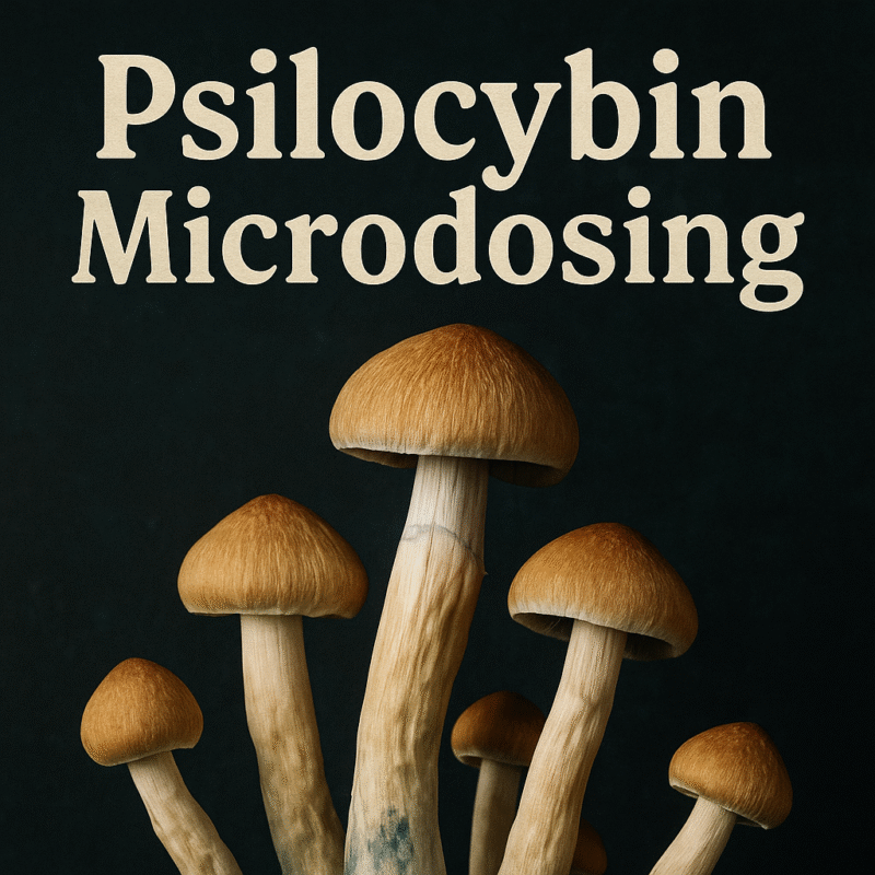 Psilocybin mushrooms with title text Psilocybin Microdosing