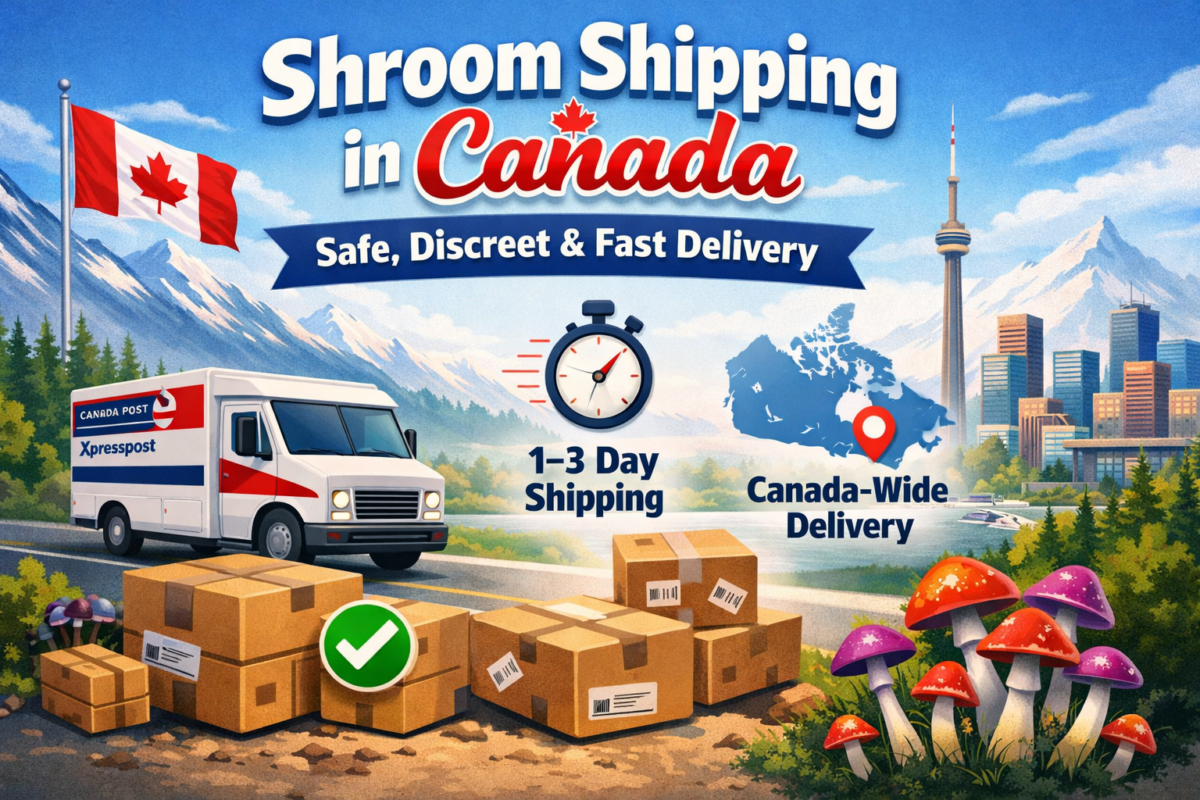 Illustration showing discreet shroom shipping in Canada with Canada Post Xpresspost, tracking icons, delivery boxes, a map of Canada, and fast 1–3 day delivery.