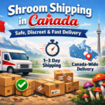 Illustration showing discreet shroom shipping in Canada with Canada Post Xpresspost, tracking icons, delivery boxes, a map of Canada, and fast 1–3 day delivery.