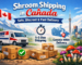 Illustration showing discreet shroom shipping in Canada with Canada Post Xpresspost, tracking icons, delivery boxes, a map of Canada, and fast 1–3 day delivery.