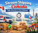 Illustration showing discreet shroom shipping in Canada with Canada Post Xpresspost, tracking icons, delivery boxes, a map of Canada, and fast 1–3 day delivery.