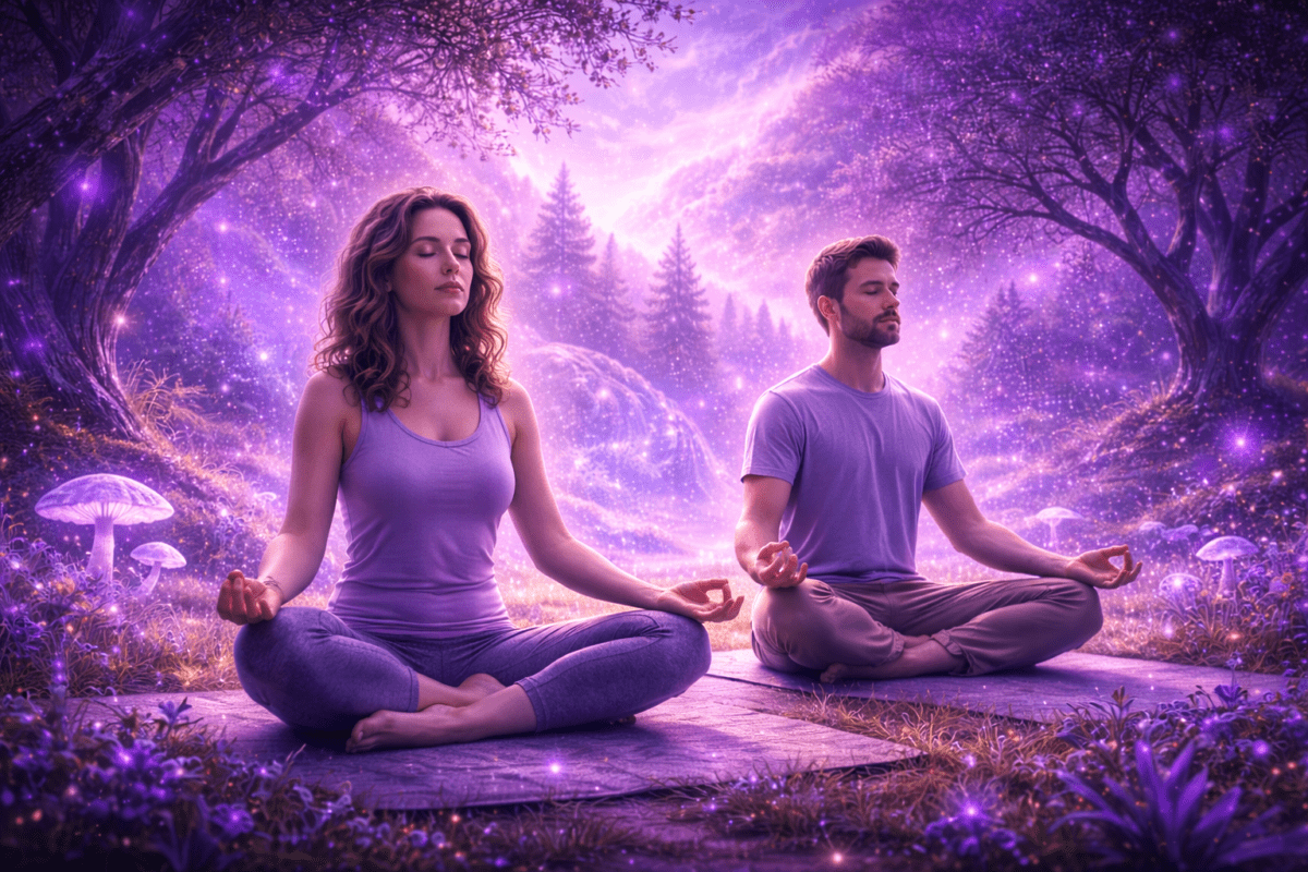 Two people practicing yoga outdoors in a calm, purple-toned, psychedelic landscape.