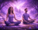 Two people practicing yoga outdoors in a calm, purple-toned, psychedelic landscape.